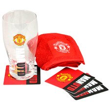 Man United Mini Bar Set - Pint Glass, Bar Towel, 4 Coaster